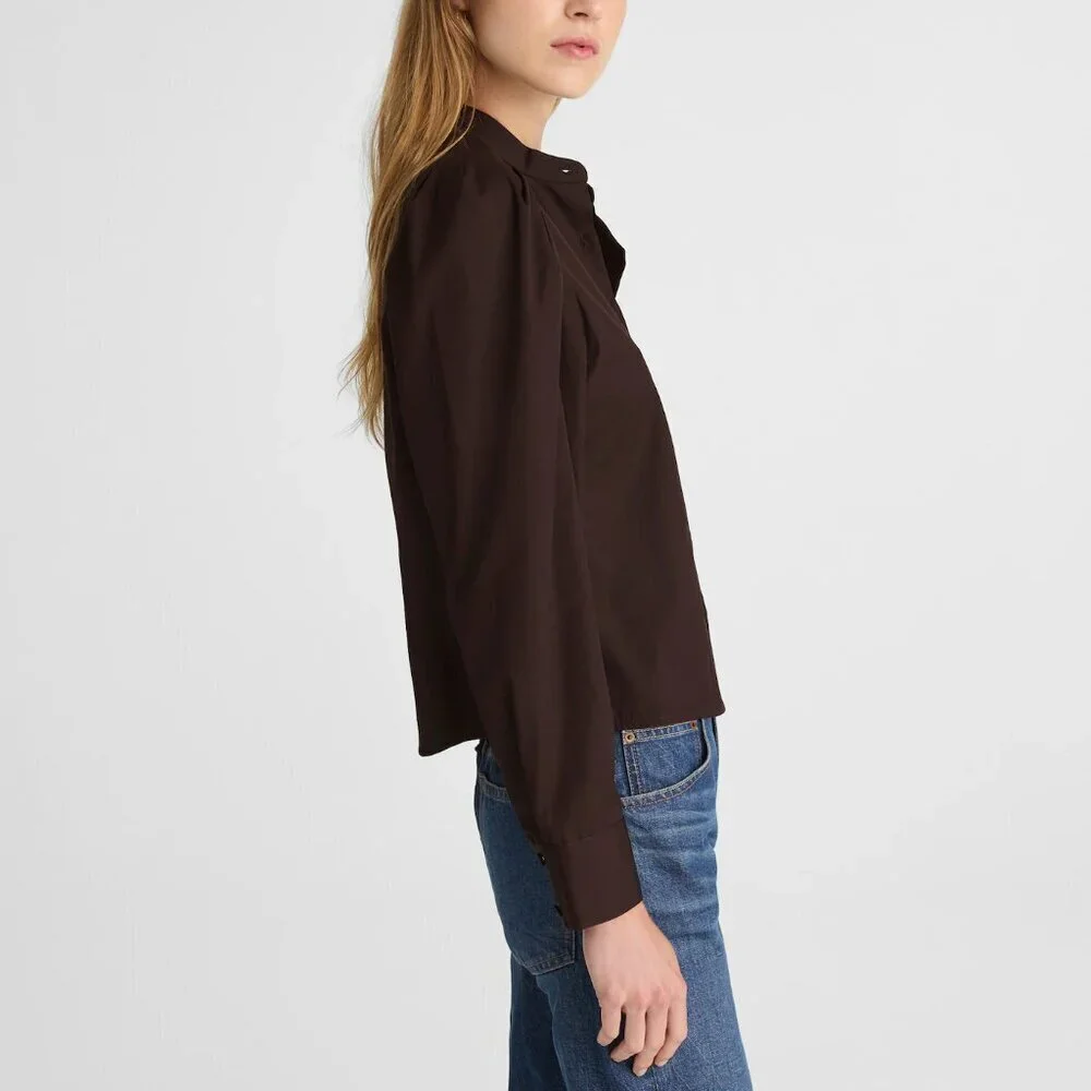 Madewell Button Up Band Collar Pleated Puff Sleeve Shirt Brown Size M NWT
